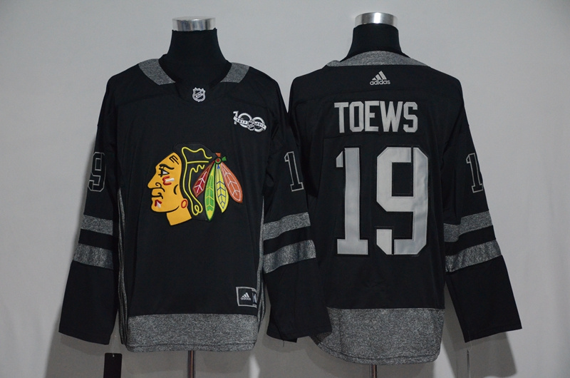 NHL Chicago Blackhawks #19 Toews Black 1917-2017 100th Anniversary Stitched Jersey->chicago blackhawks->NHL Jersey